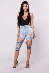 Summer cool ripped jeans For women Fashion color matching high waist denim jeans Casual Biker jeans Knee Length pants S-2XL