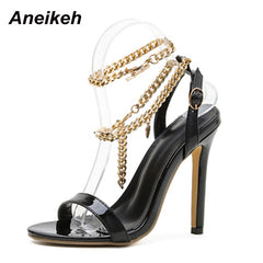 Aneikeh Sexy PU Shallow High Heel Sandals Women Summer 2022 NEW Pointed Toe Metal Chain Shoes Fashion Buckle Strap Party Sewing