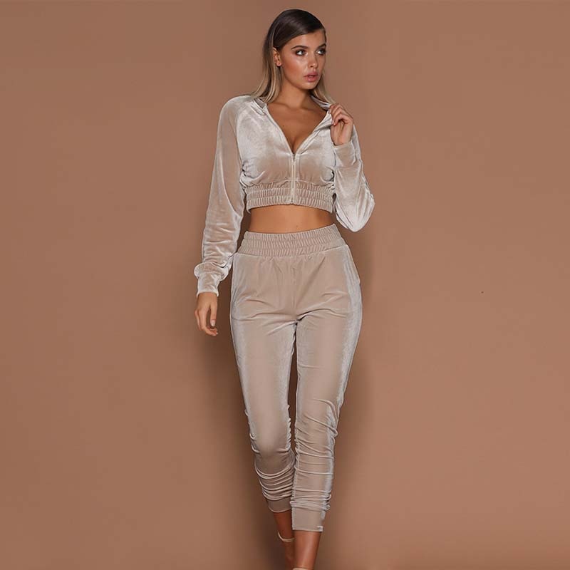 Velvet Tracksuit Crop Top Set Two Piece