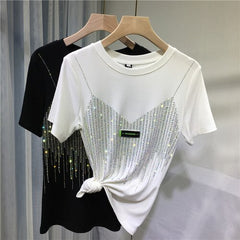 Heavy Embroidery Hot Drilling T-shirt Women Fake Two-Piece Shiny Slim Fitted Short-Sleeved T Shirt O-Neck Tops Femme Knited Tees