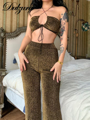 Dulzura Bling Glitter Women 2 Pieces Lace Up Halter Crop Top Wide Leg Pants Set Matching Suit Party Club Sexy 2022 Summer