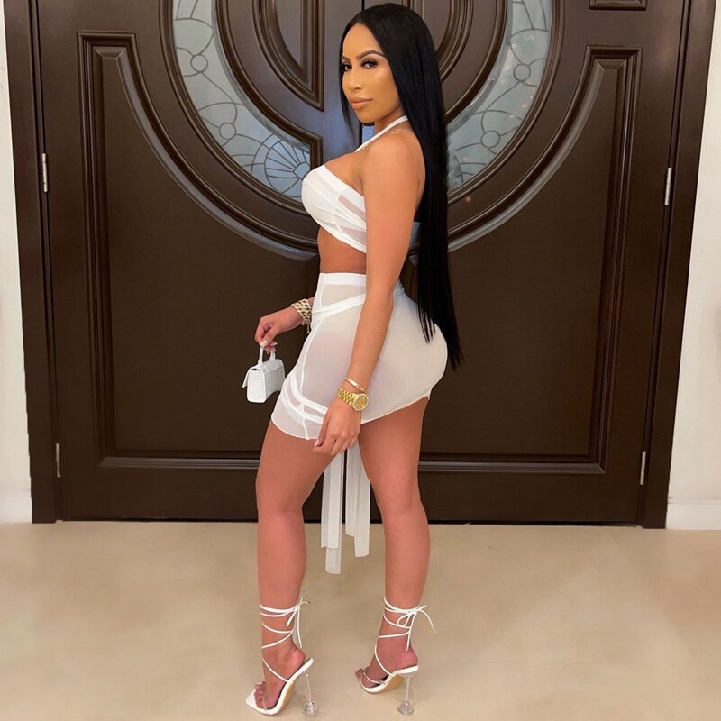 Mesh Sexy Two Piece Bandage Skirt Set for Women Crop Top Mini Skirts Set Club Party Summer 2 Piece Set Women Festival Clothing
