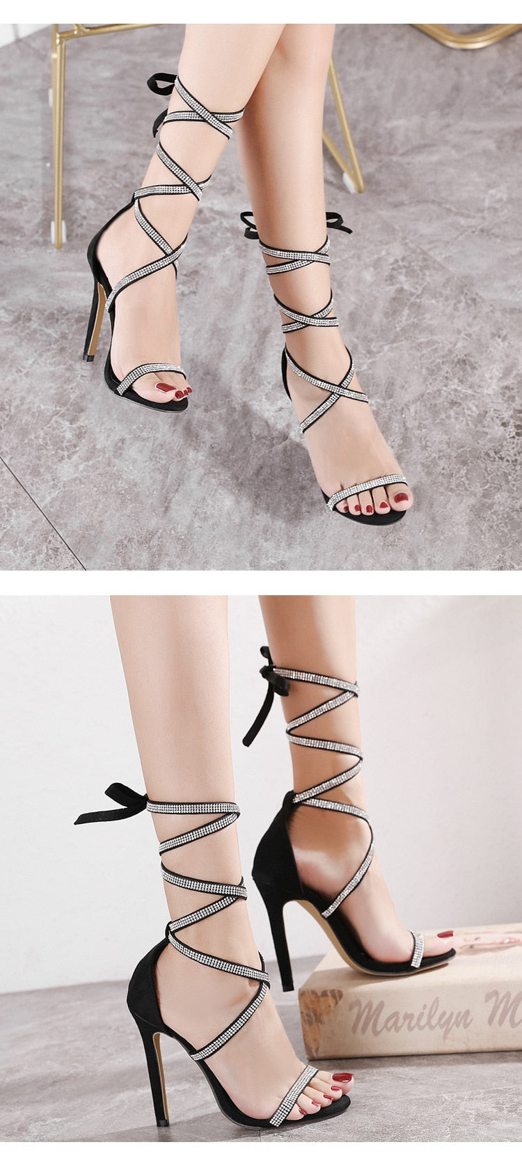 Gladiator Women Sandals Fashion Black Ankle Strap Crystal Lace-Up Open Toe High Heels