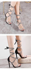 Gladiator Women Sandals Fashion Black Ankle Strap Crystal Lace-Up Open Toe High Heels