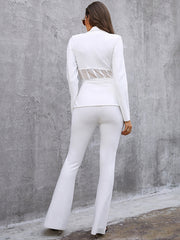 Adyce 2022 New Winter Casual Women Bandage 2 Two Pieces Sets Sexy Long Sleeve Coat &amp; Full Pants White Lace V Neck Club Party Set
