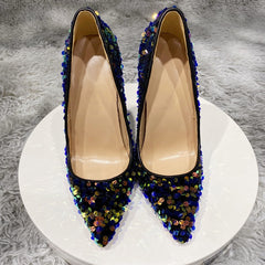 Blue Bling Sequins Women Sexy Extremely High Heels Pointed Toe Slip On Stiletto