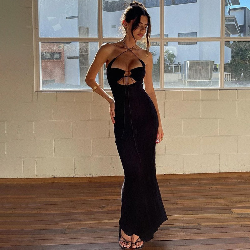 Halter Sexy Backless Cut Out Tie Up Maxi Dress