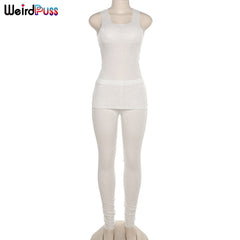 Weird Puss Two-Piece Sets Women Knitting Ribbed Sleeveless Split Tops+High Waist Pants Thin Summer Sporty Suit Casual Streetwear