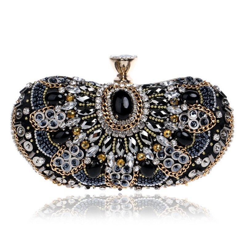 SEKUSA Hot Sale Small Beaded Clutch Purse Elegant Black Evening Bags Wedding Party Clutch Handbag Metal Chain Shoulder Bags