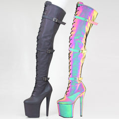 Lace Up Thigh High Boots Sexy Exotic Pole Dance Colorful Reflective Fabric Luminous Platform Shoes