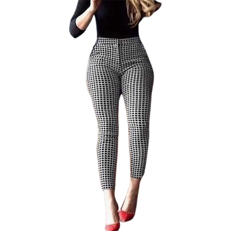 Checkered Style Casual High Waist  Skinny Pants