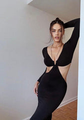 Long Sleeve Halter Sexy Cut Out Black Maxi Dress