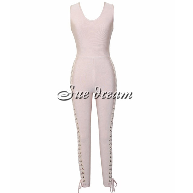 Chic Side Hollow Out Cross Criss Sexy Deep Vneck Women Bandage Jumpsuit
