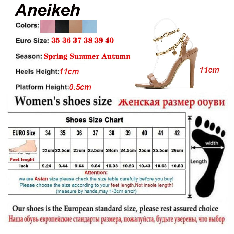 Aneikeh Sexy PU Shallow High Heel Sandals Women Summer 2022 NEW Pointed Toe Metal Chain Shoes Fashion Buckle Strap Party Sewing
