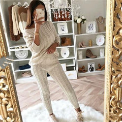 2 Piece Set Casual Knitted Tracksuit Sportswear Warm Sweater + Long Pants Outfits