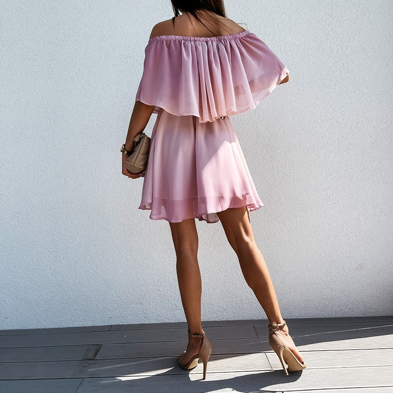 Summer Off Shoulder Tie Dye Print Dress Women Ruffle A Line Chiffon Dress 2021 New Fashion Femme Short Holiday Pink Party Dress