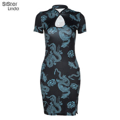 Sisterlinda Fashion Dragon Print Bodycon Mini Dress Women Short Sleeve Hollow Out Cheongsam Dresses 2020 Vestidos Dress Mujer
