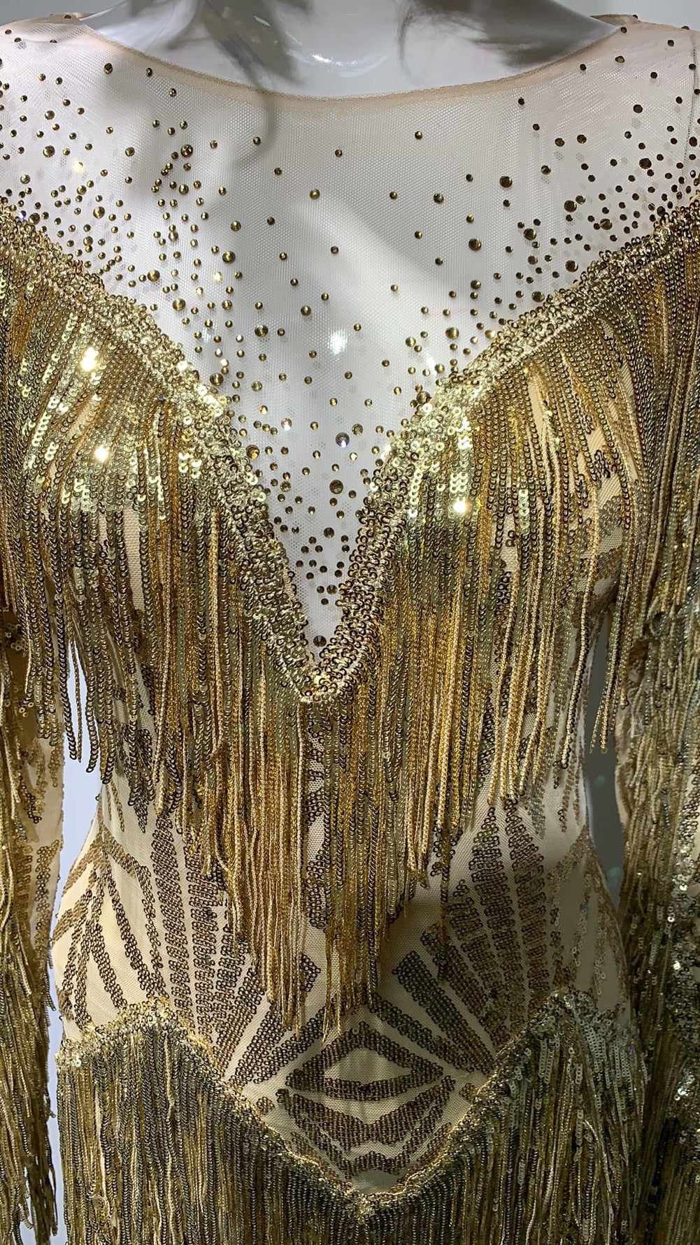 High Quality Gold Sequin Tassel Hot Diamond Design Long Sleeve Round Neck Midi Dress For Women Celebrity Evening Party Clothing