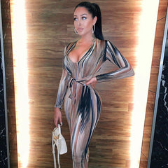Stripe Tie Dye Printed Women Dress Long Sleeve Sheath With Belt