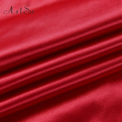 Artsu New Year Party Dress Red Satin Midi Dresses Solid 2020 Spring V-Neck Backless Dress Straps Zipper Slim Dress ASDR60689