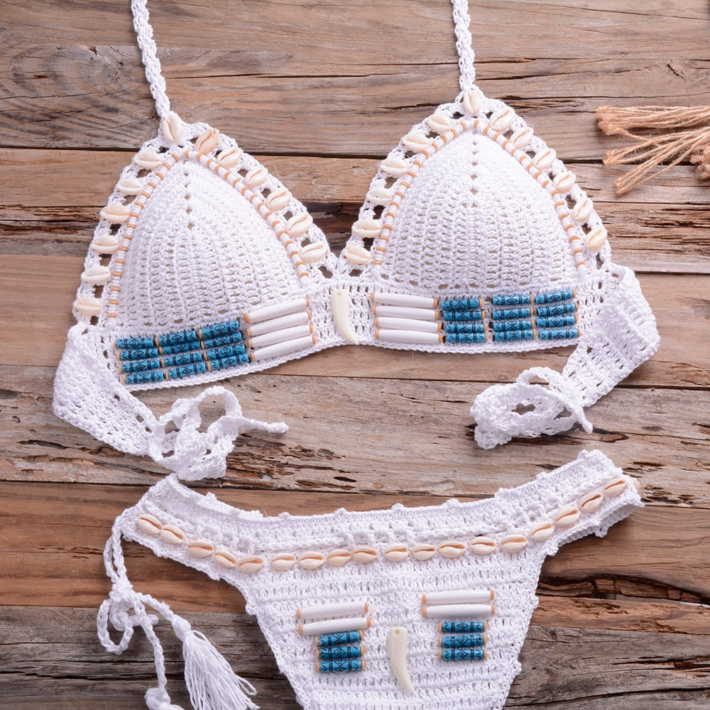Blue Shell Beaded Bikinis Set Handmade Crochet