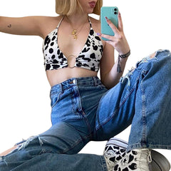 Women&#39;s Sexy Summer Cow Print Crop Tops Y2K V-Neck Sleeveless Sling Halter Vest with Metal Ring for Girls Streetwear