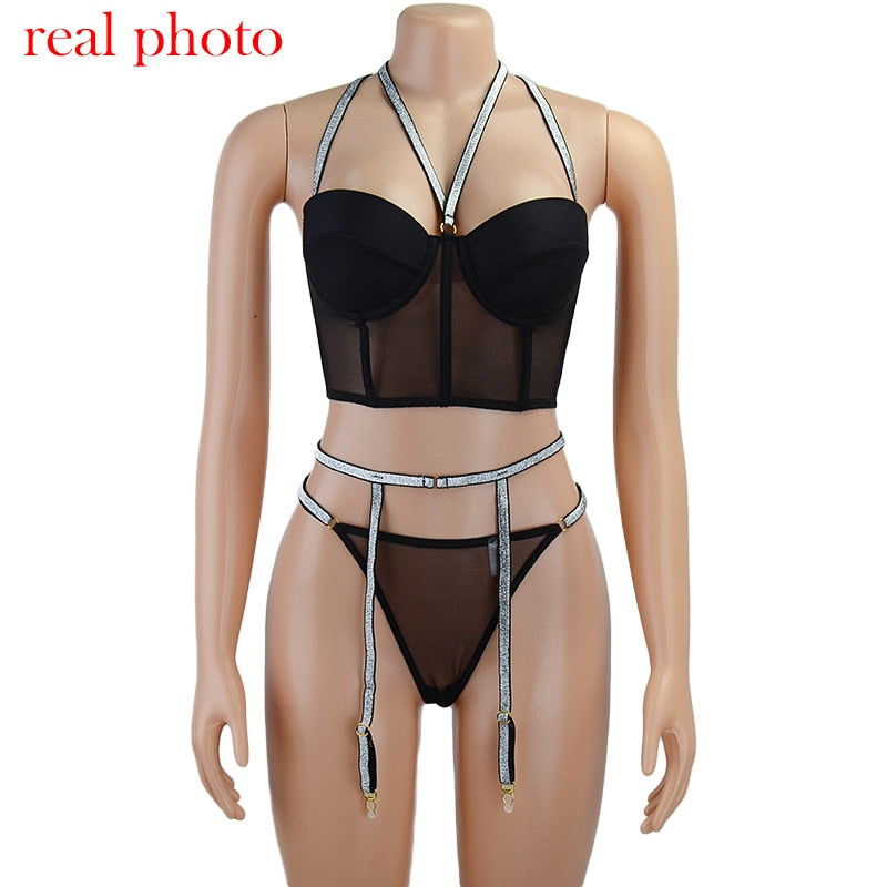 Ellolace Lingerie Sequin Lingerie Set Sexy Push up Bra 3 Piece Set Padded Women&#39;s Underwear Set Bra and Thong Sexy Lingerie