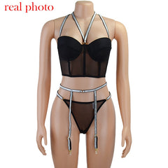 Ellolace Lingerie Sequin Lingerie Set Sexy Push up Bra 3 Piece Set Padded Women&#39;s Underwear Set Bra and Thong Sexy Lingerie