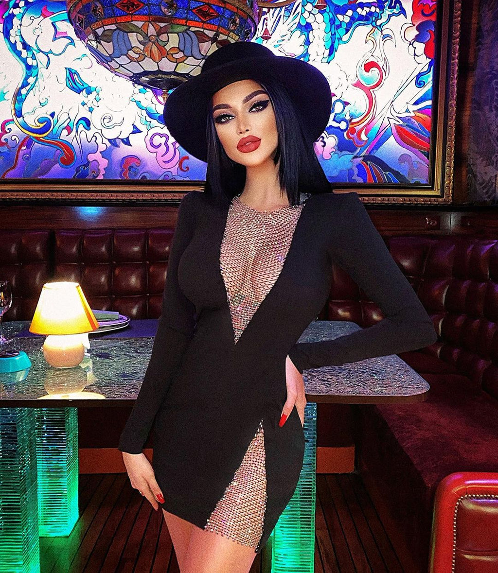 Beading Long Sleeve Rayon Bandage Sexy Hollow Out Mini Runway Dress