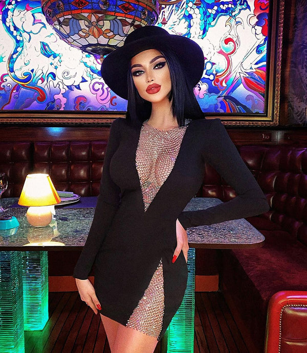 Beading Long Sleeve Rayon Bandage Sexy Hollow Out Mini Runway Dress