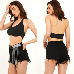 Sexy Fringe Shorts Denim Jeans Women Rhinestone Embellished Female Short Trousers Tassel Summer Clothing Designer Black 2021