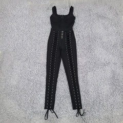 Black White sleeveless Weaving Rayon Bandage Jumpsuit