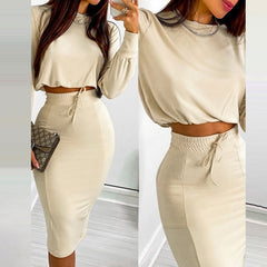 Autumn Women Casual Two Piece Dress Suit Sets Geometric Print Long Sleeve Top &amp; Drawstring Shirred Skinny Skirt Set