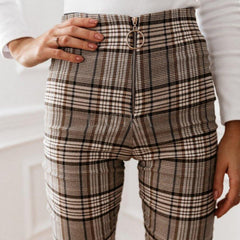 High Waist Plaid Pants Women Skinny Trousers Vintage Long Pants Elegant Slim OL Trousers Zipper Check Pencil Pants Pantalon D30