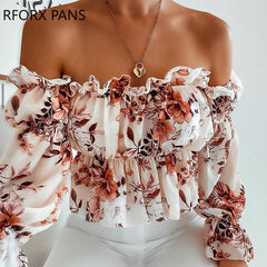Women Lace Off Shoulder Floral Print Frill Hem Ruched Top Blouse Womens Tops and Blouses
