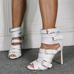 White Buckle Sandals Sexy Stiletto High Heels Sandals Pointed Toe Shoes