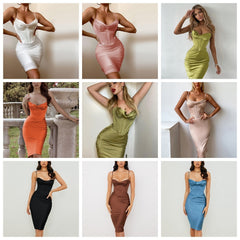 High Quality Summer Corset Dress Women White Spaghetti Strap Dress Padded Bustier Satin Bodycon Dress Sexy Party Dress Clubwear