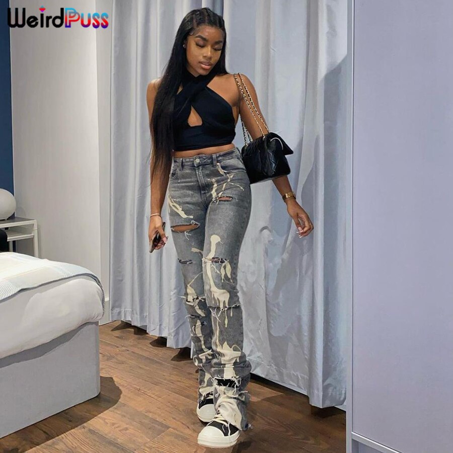 Weird Puss Cotton Hole Jeans Trend Y2K Woman Pants Chic Print Stacked Indie Denim Skinny Elastic Slim Casual Streetwear Trousers