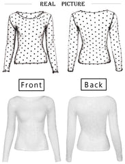 Kawaii Long Sleeve Sexy Black Mesh Top Polka Dot O Neck