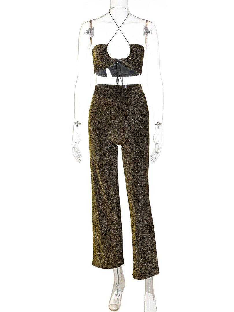 Dulzura Bling Glitter Women 2 Pieces Lace Up Halter Crop Top Wide Leg Pants Set Matching Suit Party Club Sexy 2022 Summer