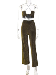 Dulzura Bling Glitter Women 2 Pieces Lace Up Halter Crop Top Wide Leg Pants Set Matching Suit Party Club Sexy 2022 Summer