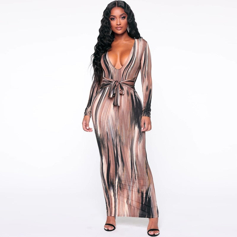 Stripe Tie Dye Printed Women Dress Long Sleeve Sheath With Belt