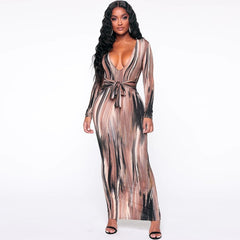 Stripe Tie Dye Printed Women Dress Long Sleeve Sheath With Belt