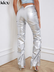 Kliou Faux PU Leather Women Pants Hipster Solid Shiny High Street Irregular Shape Folds Clothing Elastic Waist Female Streetwear