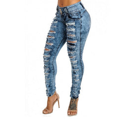 Womens Sexy High Waist Pencil Jeans Casual Blue Ripped Denim Pants Lady Long Skinny Slim Jeans