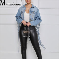 Womens Autumn 2021 New Fit Crop Tops Back Grid Tassel Design Long Sleeve Jean Coat Ladies Casual Street Plus Size Denim Jacket