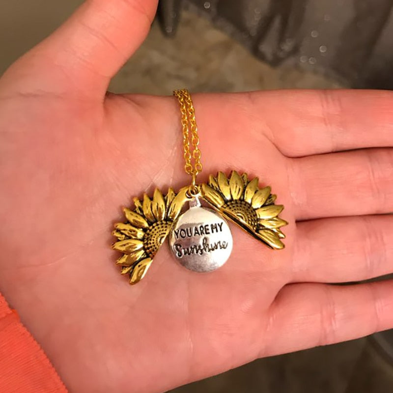 You Are My Sunshine Open Locket Sunflower Pendant Necklace  Boho Jewelry Friendship Gifts Bff Letter Necklace Collier