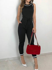 Contrast Binding Tie Waist Casual Jumpsuit
