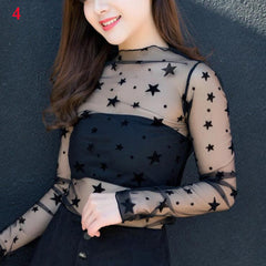 Mesh Sheer T-Shirts Long Sleeve Blouses  Transparent Tops