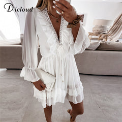 DICLOUD Sexy Lace Women&#39;s Party Dress Elegant Long Sleeve Ruffle Chiffon White Dress Summer V Neck Ladies Wedding Clothing 2021